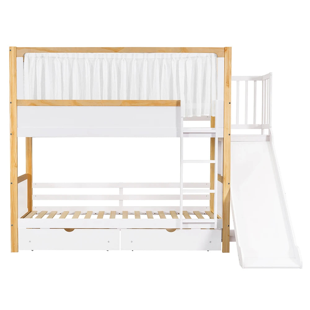 KOMHTOM Kinderetagenbett mit 2 Schubladen (mit Rollen), Kinderrutsche, 90x200cm