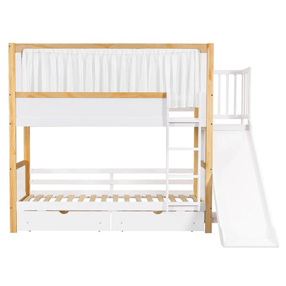 KOMHTOM Kinderetagenbett mit 2 Schubladen (mit Rollen), Kinderrutsche, 90x200cm