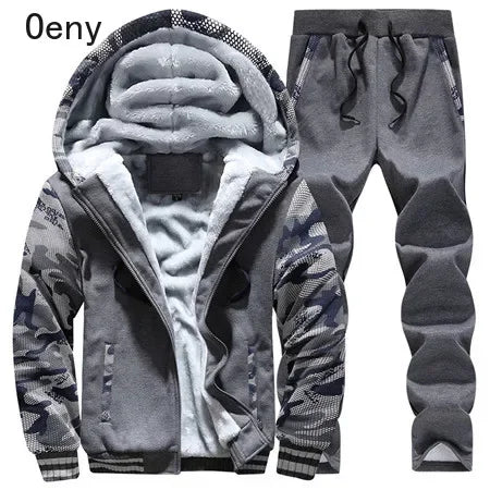 New Winter Fleece Thicken Men's Two-piece Zipper Sports Set Hooded Thermal Suit Casual Oversized Tracksuit 4XL 5XL Funny Suit