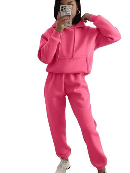 Women's Pocket Long-sleeved Hooded Sweatshirt Casual Set Autumn Winter New Solid Color Loose Sport Long Pants 2 Piece Set Female