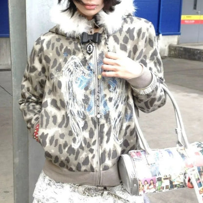 Y2K Gothic Short Woman Coat Womens Clothes Harajuku Graphic Printed Fur Collar Slim Zipper Jacket Autumn Winter Clothing.