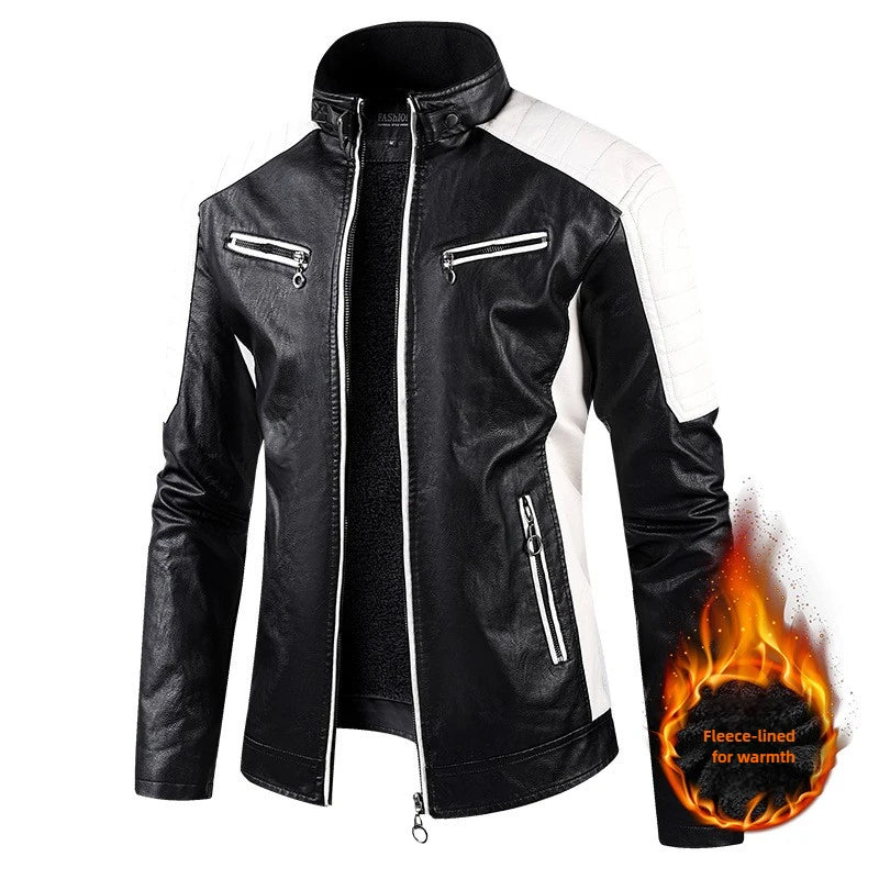M-5XL Plus Size Men's Motorcycle Leather Jacket Winter Warm Stand Collar PU Biker Coat Casual Streetwear Fleece Lined Outerwear