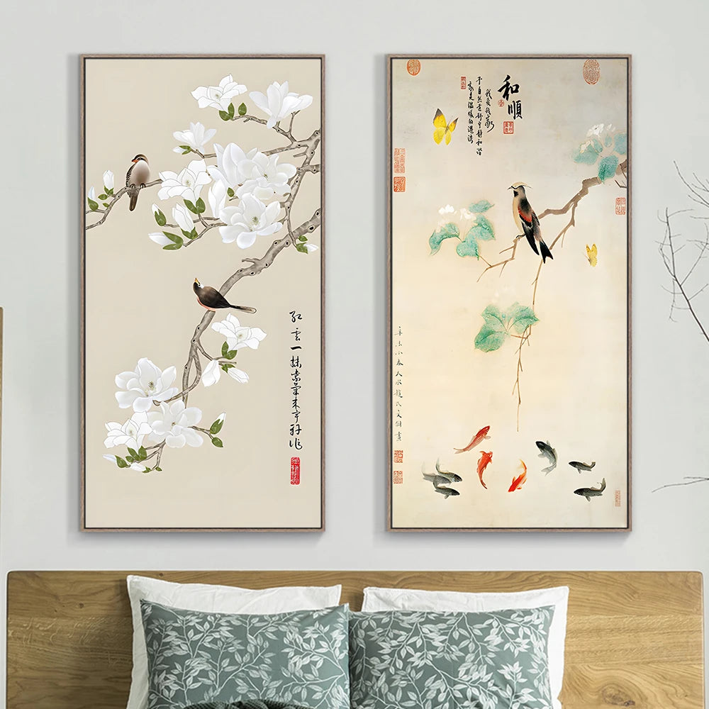 Chinese Simple Ink Art Canvas Poster Flower And Bird Wall Painting Prints Pictures Bedroom Corridor Living Room Decoration Mural.