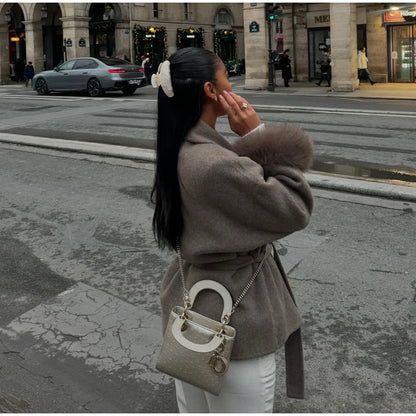 Frauen Mäntel Elegante Revers Plüsch Mit Gürtel Faux Pelz Hülse Tweed Offenen Mantel Weibliche 2025, Herbst Winter Mode Dame streetwear.