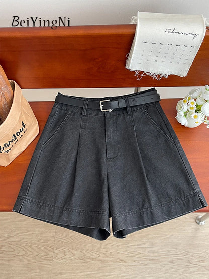 Beiyingni Korean Women High Waist Shorts With Belt Elegant Cotton Linen Casual Slim Female Shorts White Street Short Cargo Pants