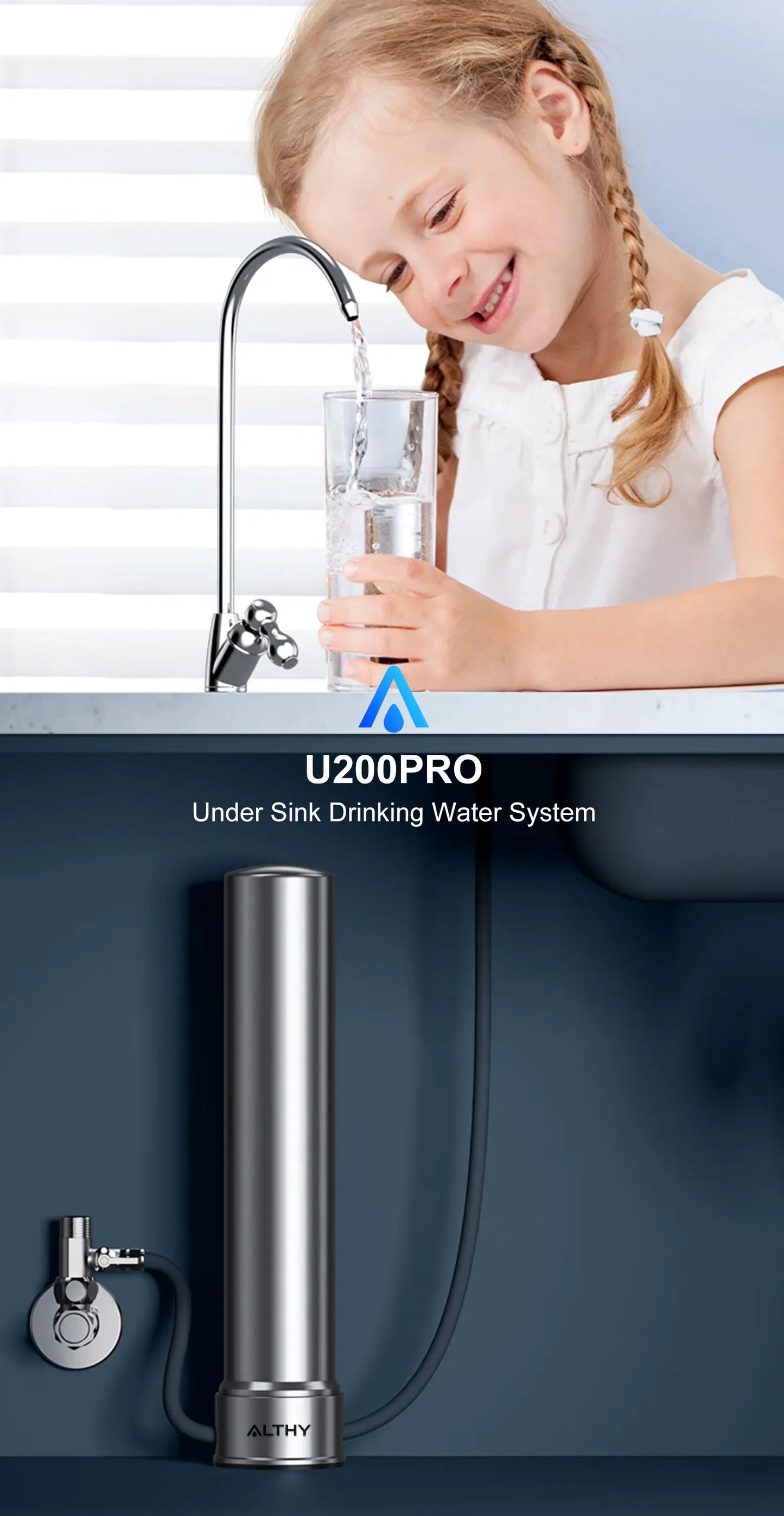 ALTHY U200PRO Kitchen Under Sink Drinking Water Filter Purifier 5 in 1, Stainless Steel Filtration System With Faucet.