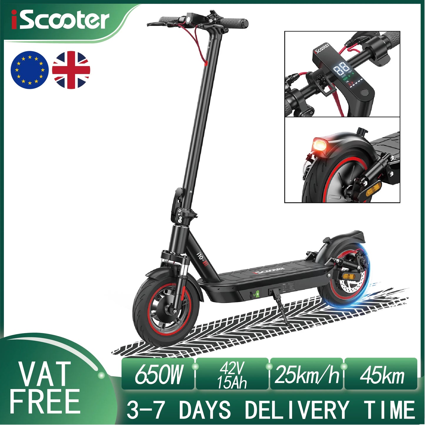 iScooter i10 Electric Scooter 10 Inch 650W Motor Foldable Electric Scooter Max Range 45Km 42V 15Ah Battery Scooter.