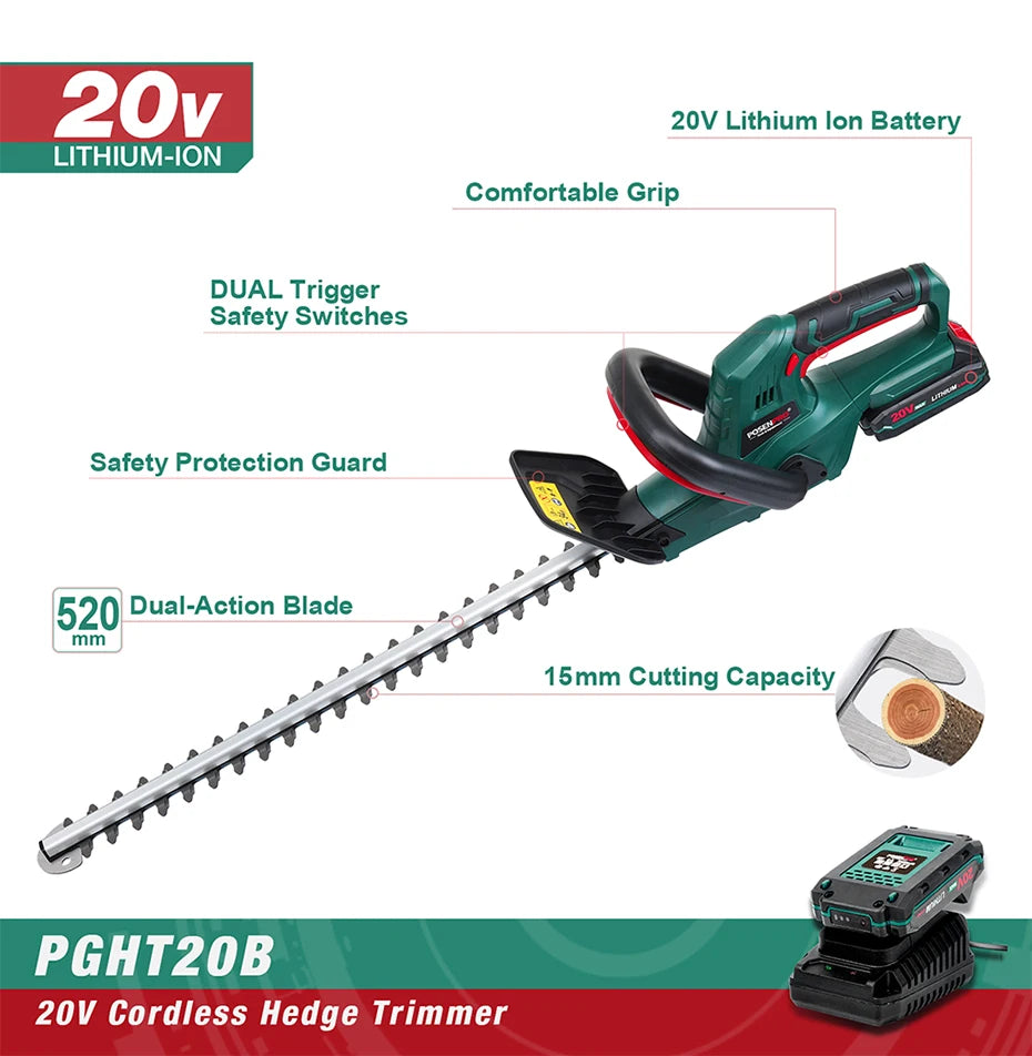 20 V Akku-Heckenschere, Gartenschere, Gartenwerkzeug-Set, 2,0 Ah Akku, Schnittlänge 520 mm, Zahnabstand 15 mm, POSENPRO