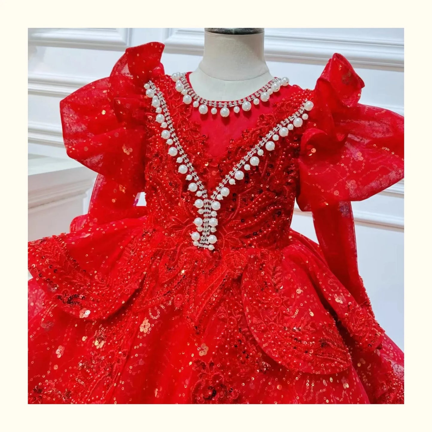 2025, Kinderkleid, Performance-Outfit, Mädchen, Blumenmädchen, Geburtstag, Prinzessin, Kleider, glitzernde Pailletten, geschwollene Partykleidung, Kinderkleid, Rot.