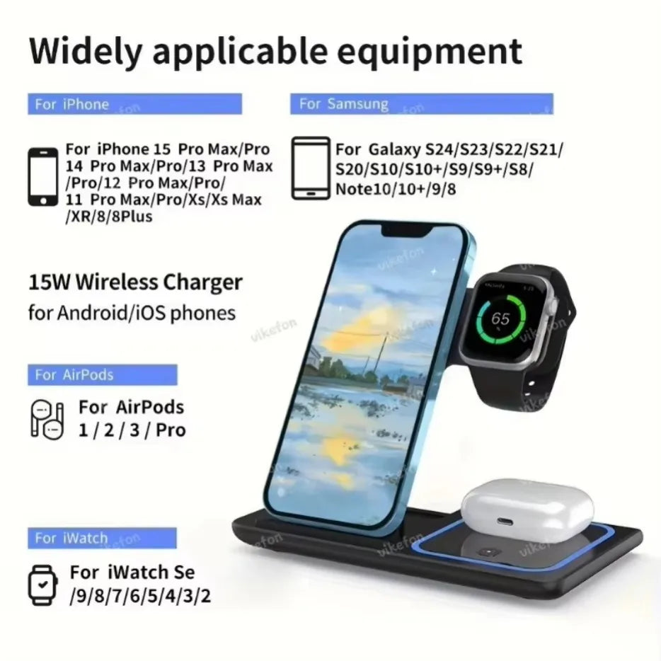 30W 3 in 1 Wireless Charger Stand LED Induction Fast Charging Station For iPhone 16 15 14 13 12 Apple Watch 10 9 8 7 6 5 Airpods.