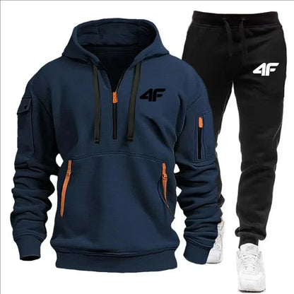 Autumn and winter casual jogging sportswear with zipper hood and multiple pockets, 2-piece set, large-sized S-3XL men's suit.
