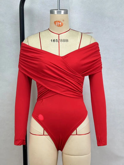 Sexy Hot Girl Slim Jumpsuits Women Fashion Solid Color Folds Corset Bodycon Crossed Bodysuits Long Sleeves Trendy Lady Rompers.