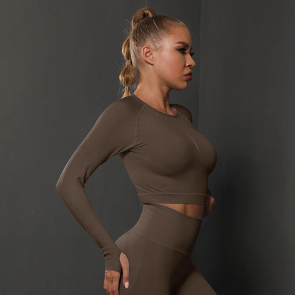 Women Yoga Long Sleeve Shirt Female Fitness Sportswear Gym Clothing Workout Running Crop Top Seamless Active Wear Sports Clothes