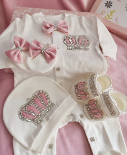 Dollbling Newborn Set Baby's Sets Rhinestone Crown 0-3 Months Hat+Bodysuits+Gloves+Shoes 4 Parts Boy Girl Jumpsuit Clothing