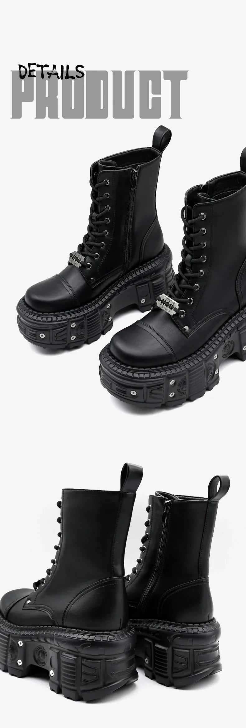 2025 New Punk Women Platform Ankle Boots Female's Rock Round Toe Lace Up Fashion Retro Chunky Shoes Metal Decor Short Boots.