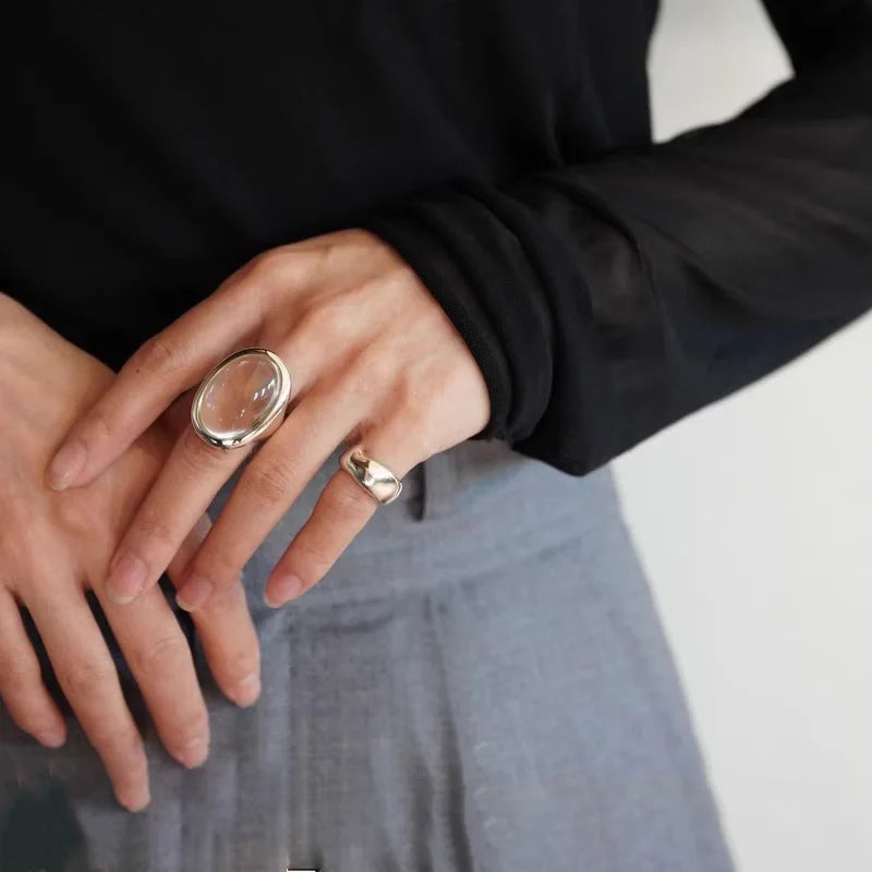 PANJBJ 925 Sterling Silver Geometry Crystal Ring For Women Ellipse Exaggerated Punk Water Drop Open Jewelry Gift Dropshipping.