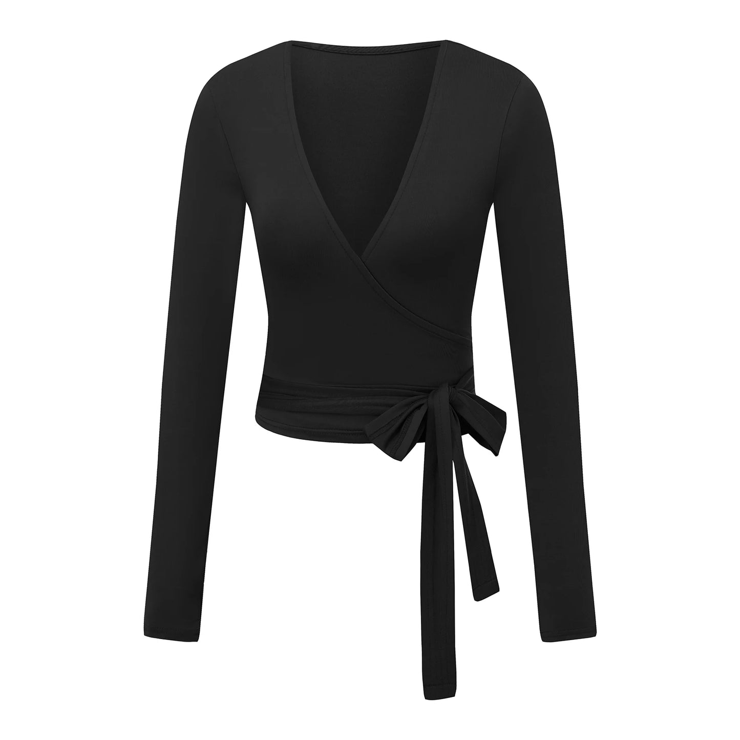 Solid Color Tie-Up Front V-Neck Long Sleeve Bottoming Shirt Women Fitness Yoga T-Shirts Seamless Workout Tops.