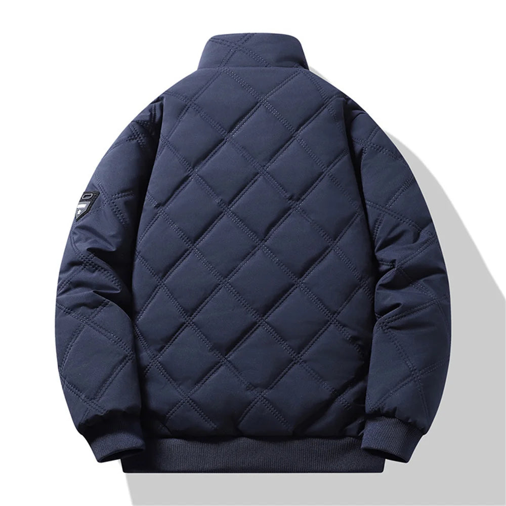 New Windproof Thermal Diamond-Quilted Cotton Jacket Winter Men's Fleece-Lined Thickened Cuff Design Stand-Up Collar Jacket.