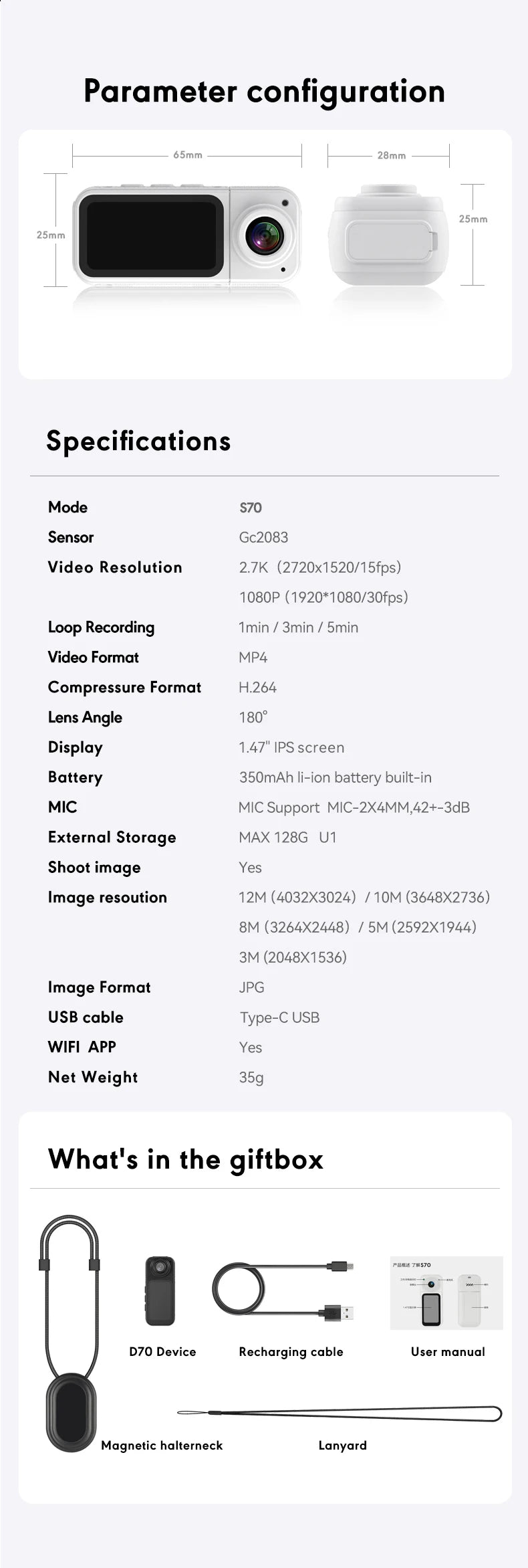 Small Action Camera Sports Cam Bodycam Rotating Lens Go WiFi Digital Pro Video Runcam Instant for Hero 10 11 12 13 Photography