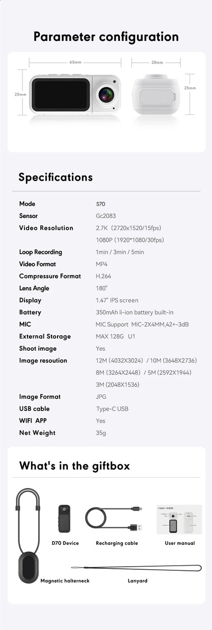 Small Action Camera Sports Cam Bodycam Rotating Lens Go WiFi Digital Pro Video Runcam Instant for Hero 10 11 12 13 Photography