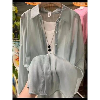 1pcs Woman Four Seasons Shirt Lady Thin Sunscreen Shirts Female Casual Long Sleeve Turn-down Collar Loose Med-Length Style Tops