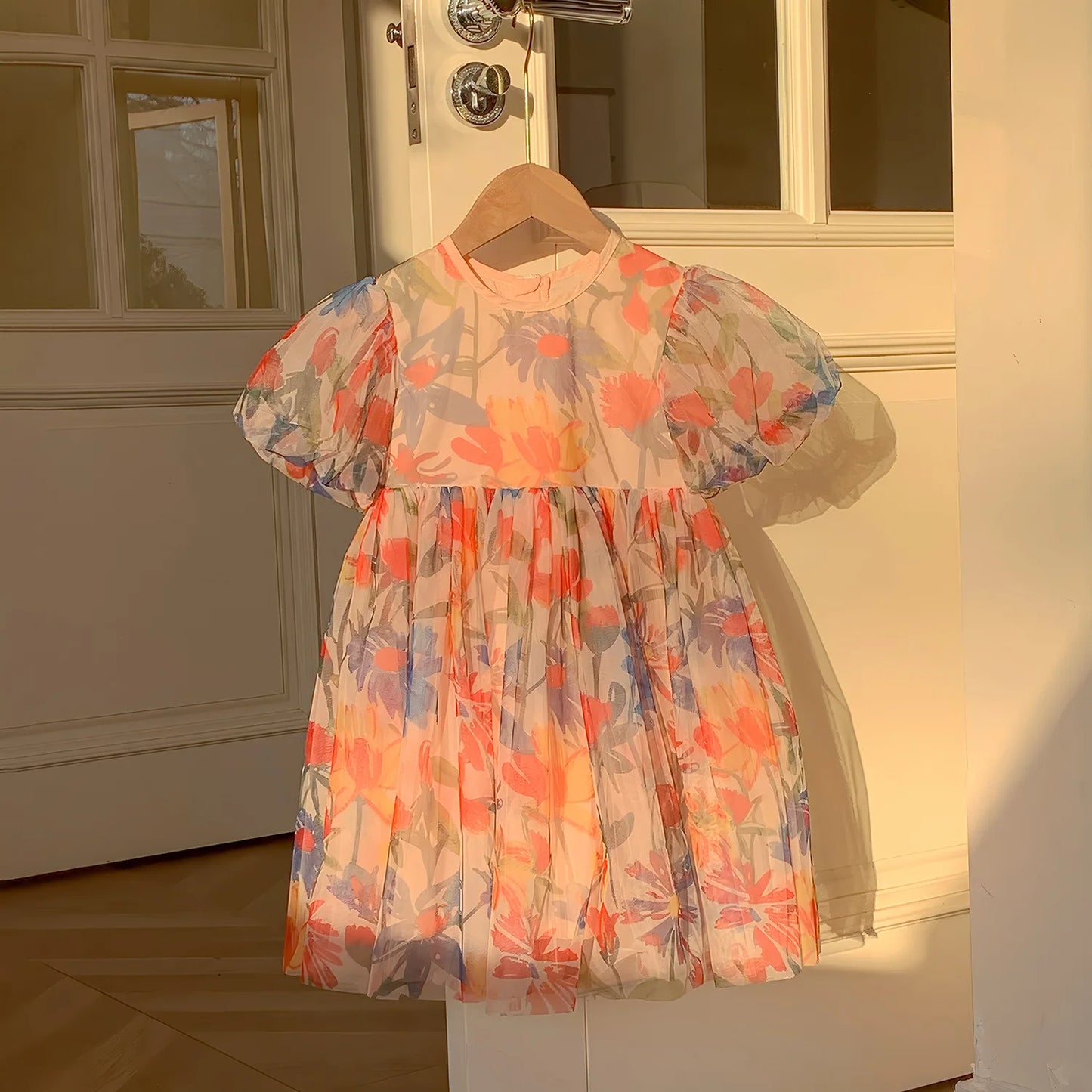 2023 sommer Kinder Kleidung Puff Sleeve Blumen Druck Kleid Für Mädchen Mesh Kinder Kleid für Mädchen