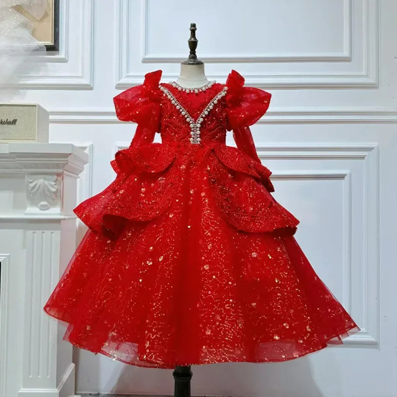 2025, Kinderkleid, Performance-Outfit, Mädchen, Blumenmädchen, Geburtstag, Prinzessinnenkleider, glitzernde Pailletten, bauschiges Kleid, rote Partykleidung für Kinder.