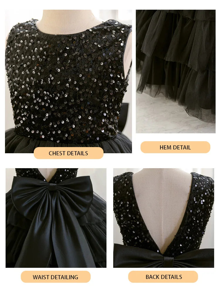 Mode Pailletten Mädchen Prinzessin Kleid Geburtstag Party Mädchen Layered Schwarz Hochzeit Kleid Für Kinder Elegante Klavier Leistung Kleid.