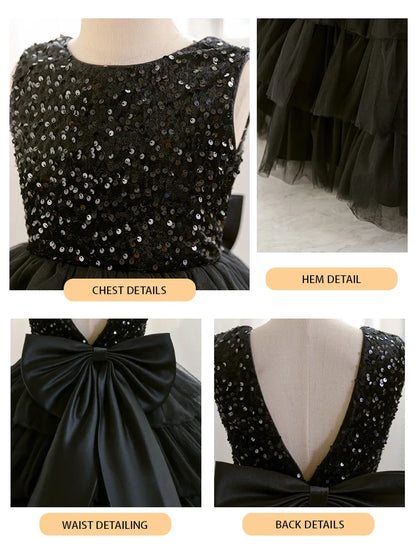 Mode Pailletten Mädchen Prinzessin Kleid Geburtstag Party Mädchen Layered Schwarz Hochzeit Kleid Für Kinder Elegante Klavier Leistung Kleid.
