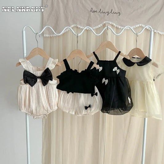 Neu im Sommer Neugeborene Baby Prinzessin süße Kleidung Sling Kleider Schleife Shorts solide Weste Body Kurzarm Kleid Kinder.