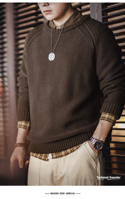 Maden New Vintage Heavyweight Knitted Crew-neck Sweater Brown Warm Pullover Men's Versatile Top for Autumn and Winter Knitwear