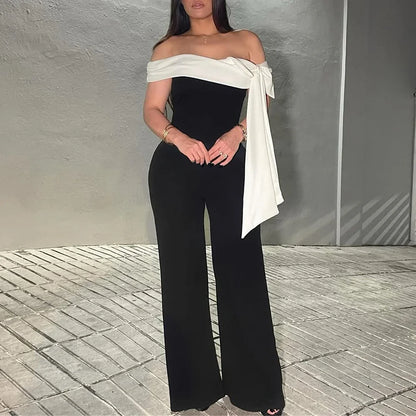 Jumpsuits Spring Summer Fashion Elegant Bowknot Contrast Color Off Shoulder Strapless Full Length Jumpsuits For Women.