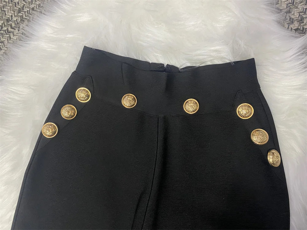 New Autumn Style Black Color Women Long Sleeve Button Rayon Bandage Coat Pants Fashion Women's Set High Street Celebrate Wear.