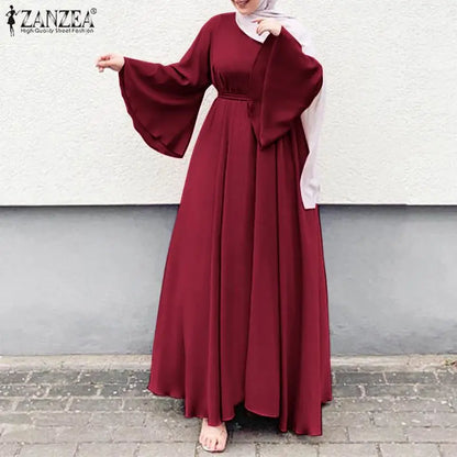 Frauen Lerisure Muslimischen Lange Kleid Übergroßen Vestidos ZANZEA 2023 Sommer Frühling Flare Ärmeln Soild Weibliche Türkische Robe Abaya