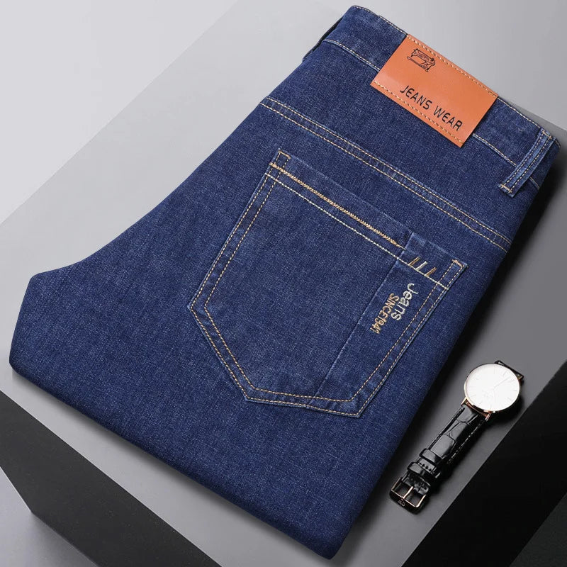 2024 New Brand Men's Fit Straight Lightweight Cotton Stretch Denim Pants Casual Male High Waist Thin Light Blue Business Jeans