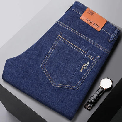 2024 New Brand Men's Fit Straight Lightweight Cotton Stretch Denim Pants Casual Male High Waist Thin Light Blue Business Jeans