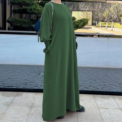 Ramadan Solid Crew Neck Shirred Cuff Abaya, Elegant Long Sleeve Simple Maxi Dress, Women's Clothing Kebaya Kaftan.