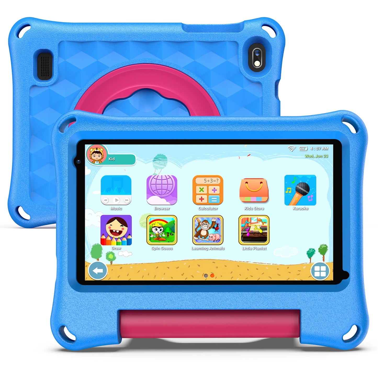 Kids Tablet 7 Inch tablet for toddlers, Android OS with 2 GB RAM and 32 GB storage, with WiFi, dual camera, child safety mode.
