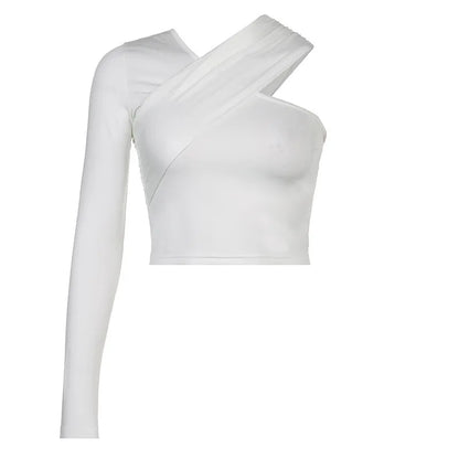 Personalized Street Hottie Single Shoulder Solid Color Top Sexy Off-the-shoulder Slim-fitting Long-sleeved Bottoming Shirt.