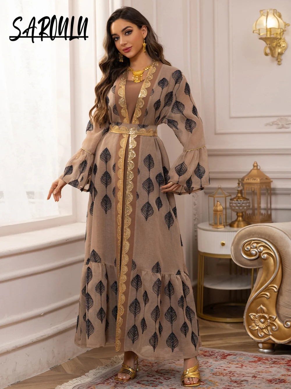 Khaki Sequined Dubai A Line Evening Dress Muslim Long Sleeves Two Pieces Women Wear Fast Shipping Dancing Party Prom Gown.