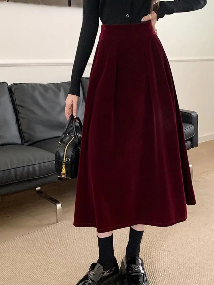 Autumn Winter Warm Vintage Red Elegant Velvet A-line Skirt For Women 2023 High Waist Casual Black Party Pleated Big Swing Skirts.