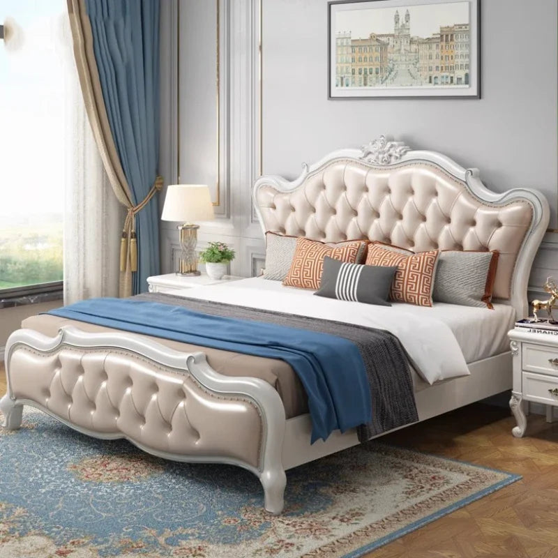 Europäisches Luxus-Doppelbett, modernes weißes King-Size-Doppelbett mit ästhetischem Rahmen, hochwertiges, schlafendes, beleuchtetes Deux-Tischmöbel für Schlafzimmer