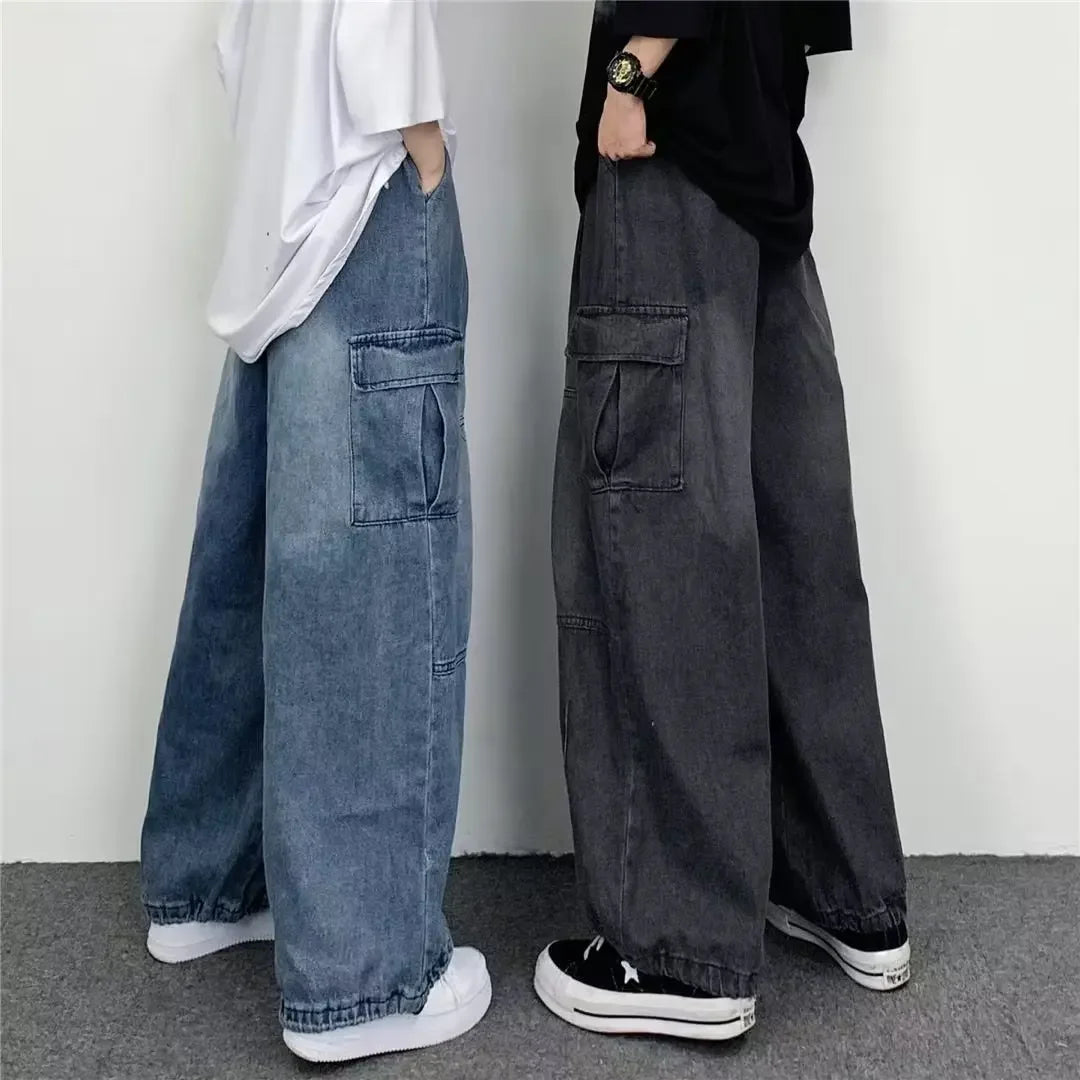Japanese Vintage Wide-leg Pocket Cargo Pants Men's Autumn/winter New Trendy Brand Ins Unisex Loose Fit Straight Leg Jeans.