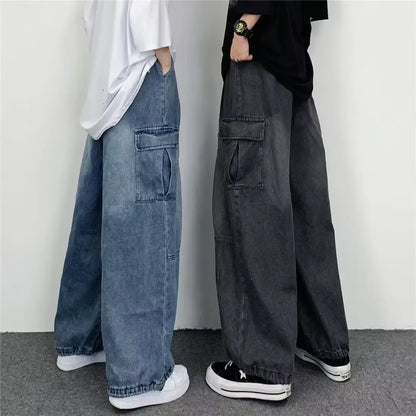 Japanese Vintage Wide-leg Pocket Cargo Pants Men's Autumn/winter New Trendy Brand Ins Unisex Loose Fit Straight Leg Jeans.