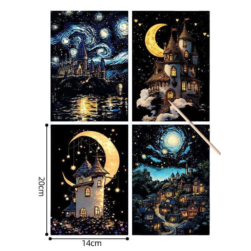 4PCS Glow in Dark Scratch Paper Animals Cards Magic Painting Art with Stylus Stress Relief Drawing Toy DIY Craft Kids Adult Gift.
