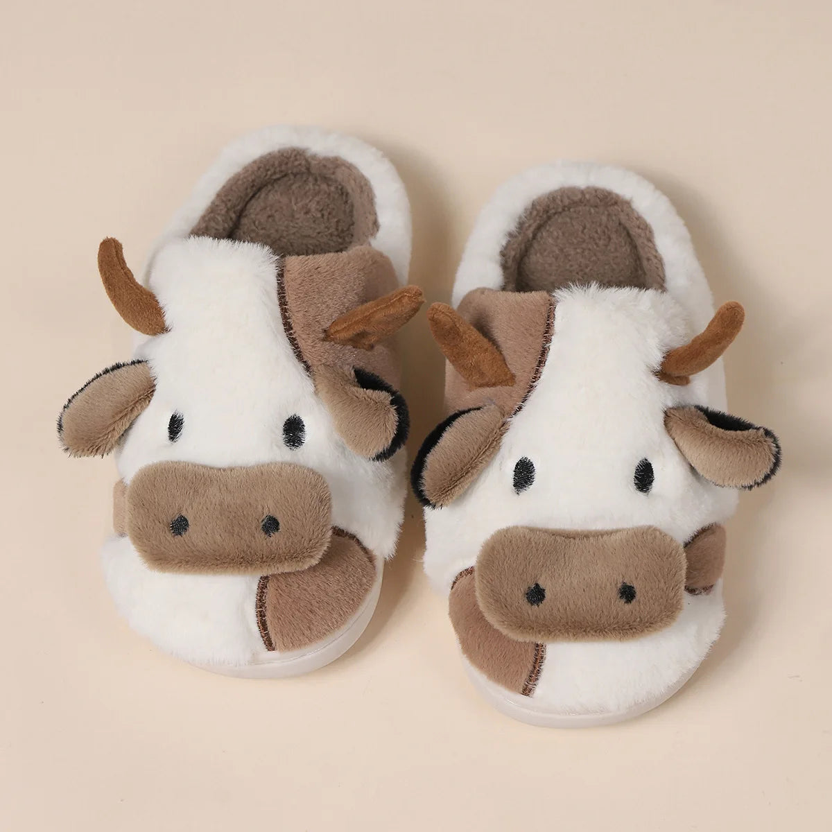 Shevalues Plush Cartoon Milk Cow Slippers Winter Women Slippers Furry Non-Slips Women Cotton Slides Couples Soft Cozy Flat Shoes