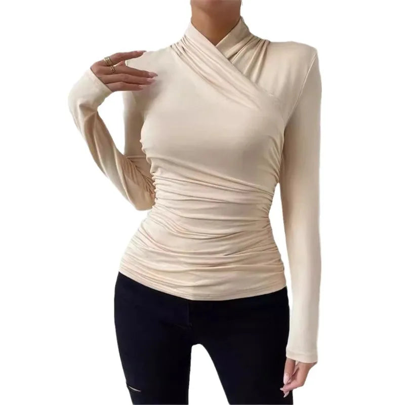 Women's Clothing Autumn Winter Tshirts New Design Cross Neckline Versatile Pleated T-shirt Comfortable Fashion Slim Fit Sexy Top.