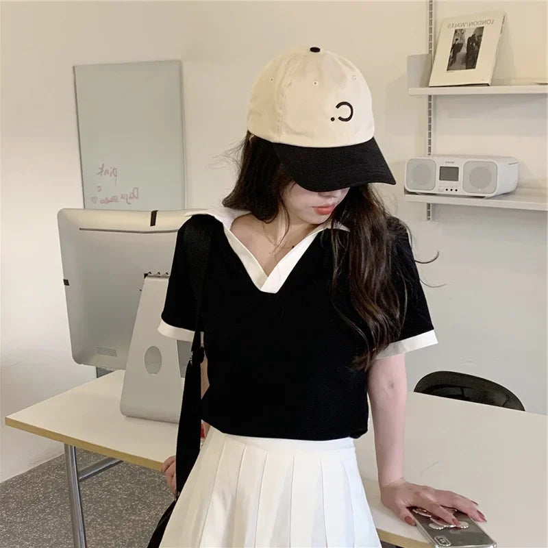 American Style Sweet And Spicy Girl Polo Shirt Women's Summer New Student Design Slimming Short Sleeve T-shirt Color Block.