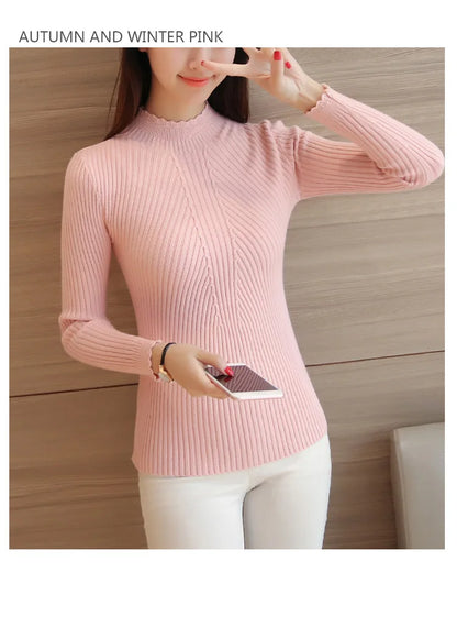 2025 herbst Frauen Mock Neck Rüschen Pullover Langarm Gestrickte Bodenbildung Solide Pullover Streifen Frauen Casual Pullover Winter.