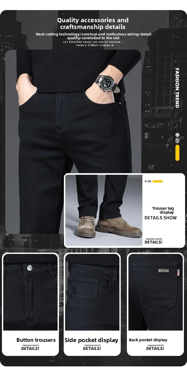 New Style Jeans Black Men's Slim Korean Style Comfortable Straight Leg Elastic Mid Waist Pants Autumn Winter Casual Denim Pants.